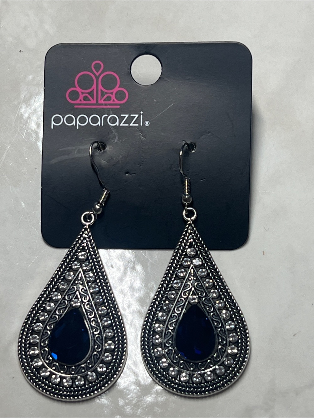 Paparazzi Silver-Tone Teardrop Earrings with Royal Blue Center